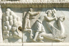 San Felice slaying the dragon - Detail of bas-relief on the facade - Abbey of Saints Felice and Mauro - Castel San Felice - Santa Anatolia di Narco