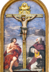 Wooden crucifix - School of Bernini - Saints Sebastian and Antonio Abbot - Church of St. Nicholas - Usigni